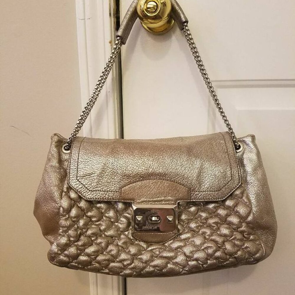 Vintage Quilted Alexander McQueen Gold Metallic Bag Chain Handle Flap Bag